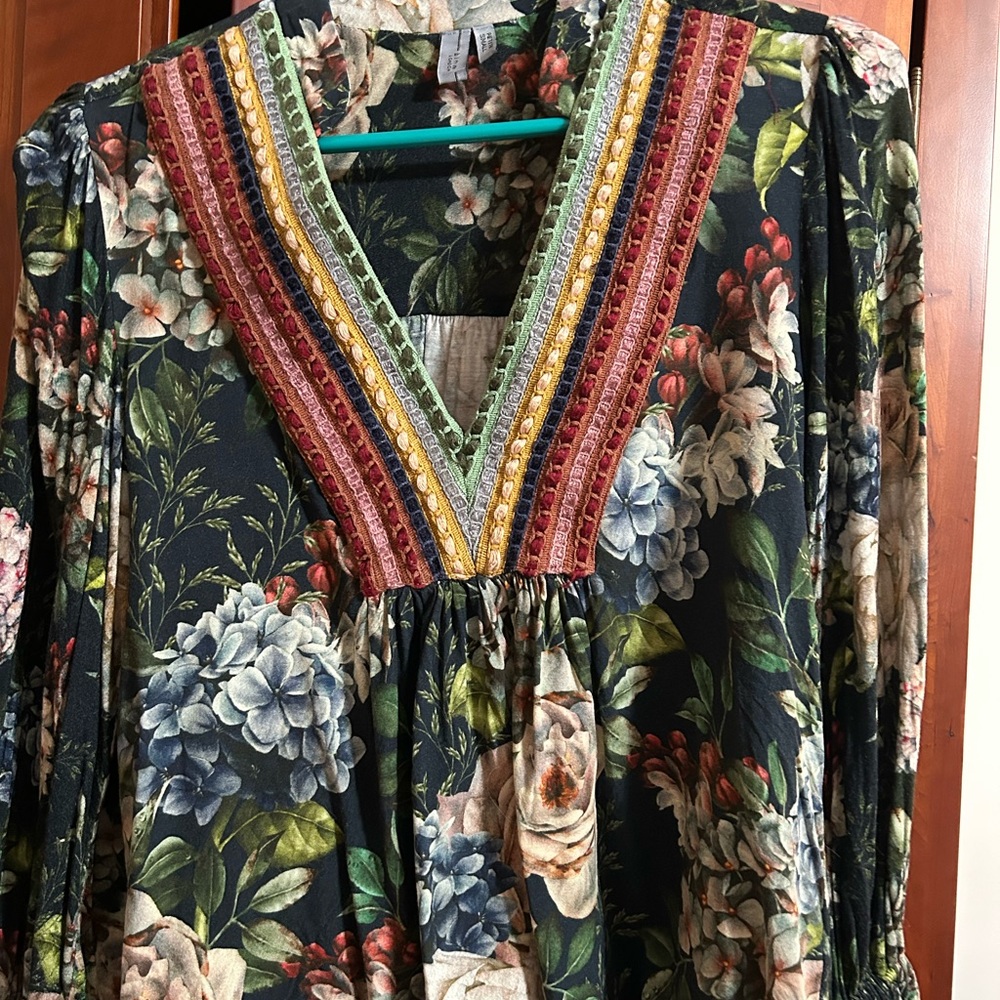 Boho Floral V-Neck Tunic in Black with Multicolor Trim
